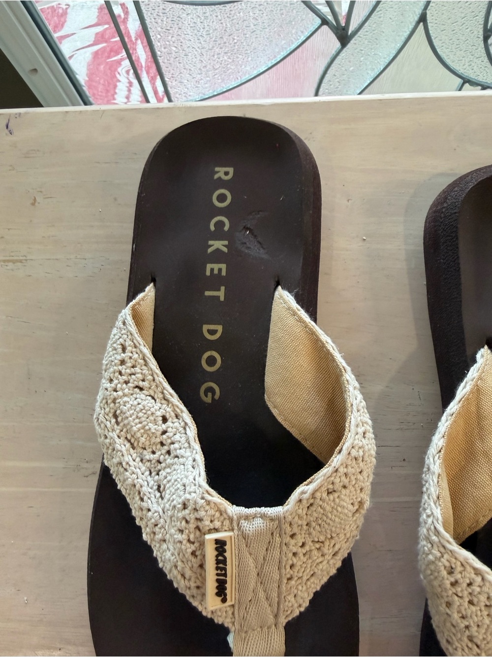Rocket Dog Beige Crochet Thong Sandals with Brown Footbed - Picture 3 of 5